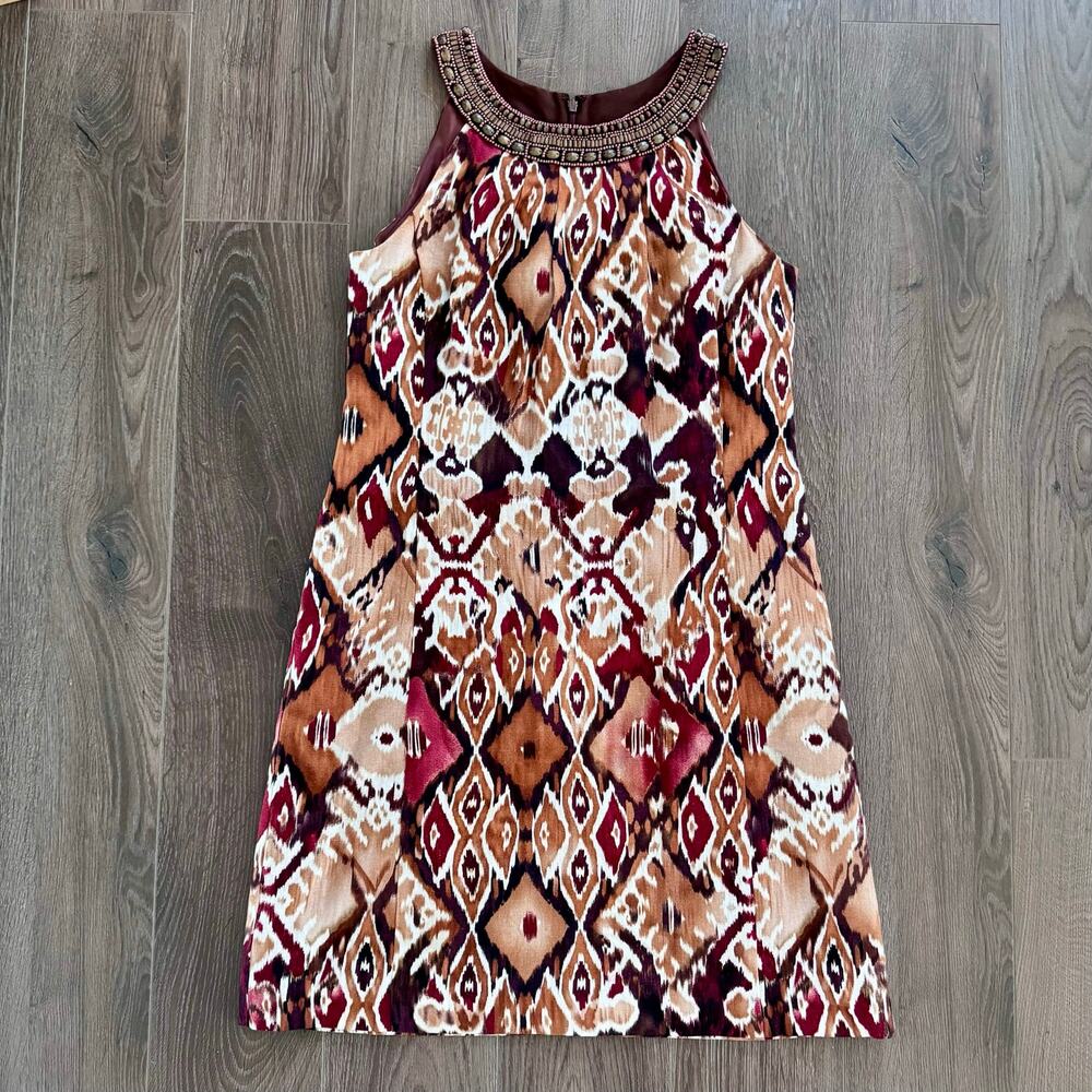 Eliza J Linen Dress Shift Ikat Tribal Beaded Collar Neutral Women Sz 12 Resort